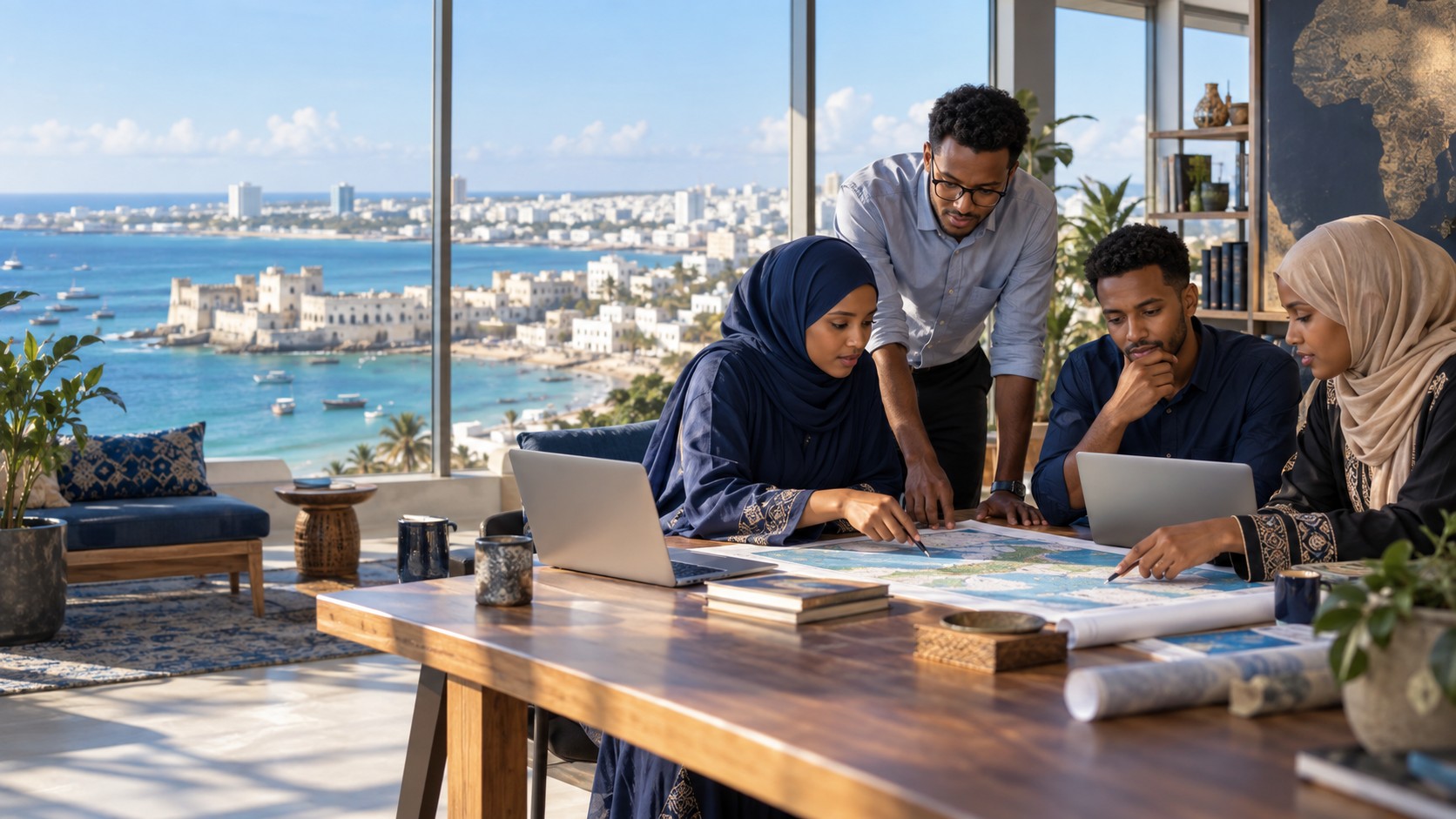 AI-generated illustration of Somali professionals collaborating beside a coastal city